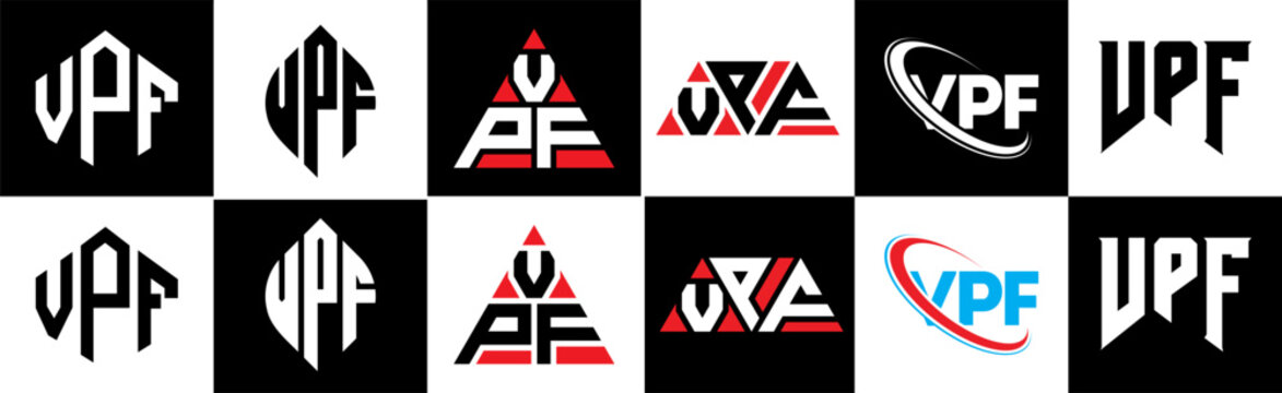 VPF letter logo design in six style. VPF polygon, circle, triangle, hexagon, flat and simple style with black and white color variation letter logo set in one artboard. VPF minimalist and classic logo
