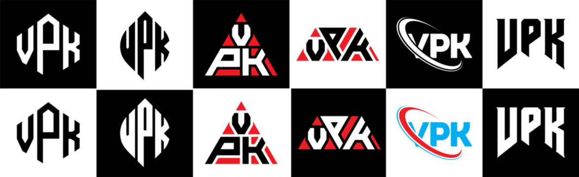 VPK letter logo design in six style. VPK polygon, circle, triangle, hexagon, flat and simple style with black and white color variation letter logo set in one artboard. VPK minimalist and classic logo