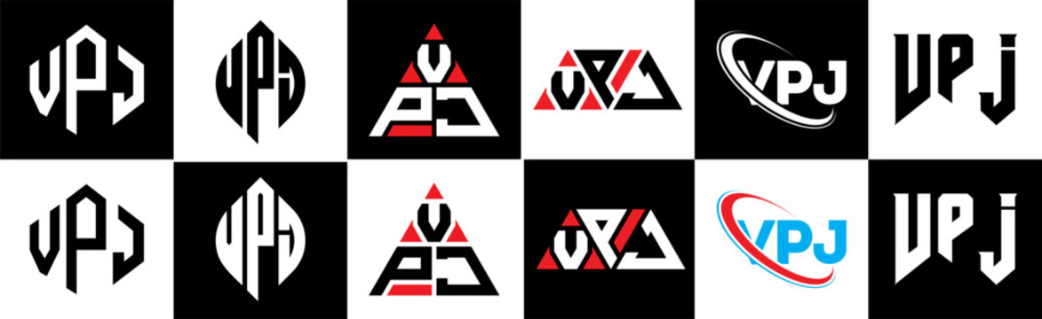 VPJ letter logo design in six style. VPJ polygon, circle, triangle, hexagon, flat and simple style with black and white color variation letter logo set in one artboard. VPJ minimalist and classic logo