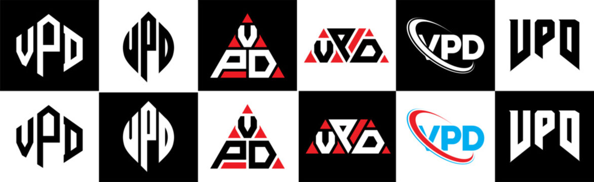 VPD letter logo design in six style. VPD polygon, circle, triangle, hexagon, flat and simple style with black and white color variation letter logo set in one artboard. VPD minimalist and classic logo