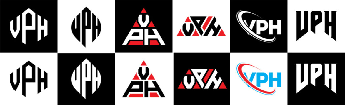 VPH letter logo design in six style. VPH polygon, circle, triangle, hexagon, flat and simple style with black and white color variation letter logo set in one artboard. VPH minimalist and classic logo