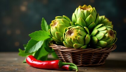 Fototapeta premium Vibrant green artichokes & chili peppers in rustic basket , market stall, South American