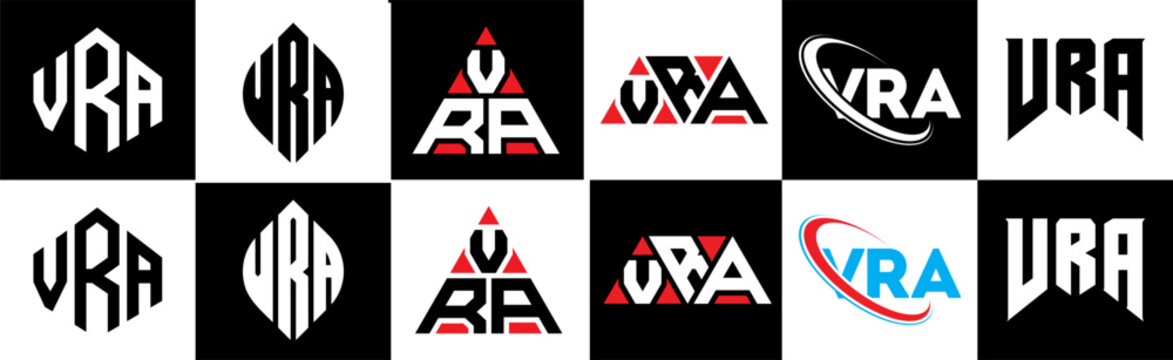 VRA letter logo design in six style. VRA polygon, circle, triangle, hexagon, flat and simple style with black and white color variation letter logo set in one artboard. VRA minimalist and classic logo