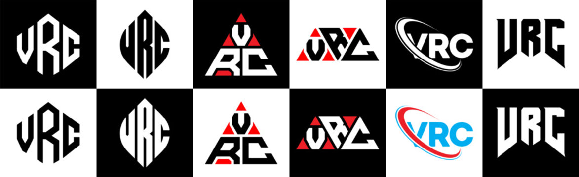 VRC letter logo design in six style. VRC polygon, circle, triangle, hexagon, flat and simple style with black and white color variation letter logo set in one artboard. VRC minimalist and classic logo