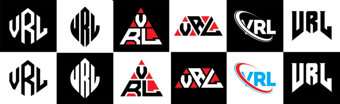 VRL letter logo design in six style. VRL polygon, circle, triangle, hexagon, flat and simple style with black and white color variation letter logo set in one artboard. VRL minimalist and classic logo