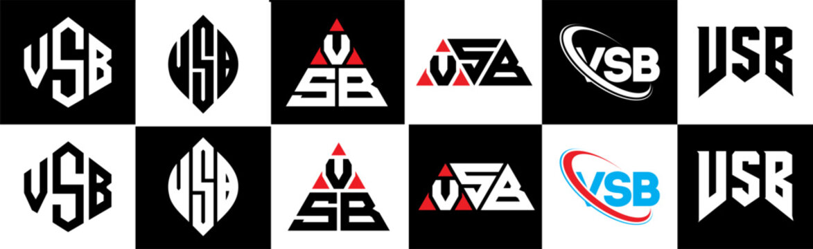 VSB letter logo design in six style. VSB polygon, circle, triangle, hexagon, flat and simple style with black and white color variation letter logo set in one artboard. VSB minimalist and classic logo