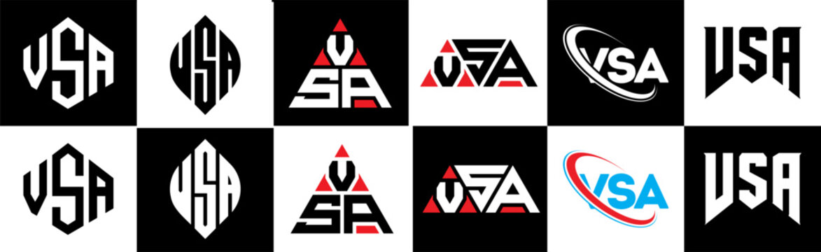 VSA letter logo design in six style. VSA polygon, circle, triangle, hexagon, flat and simple style with black and white color variation letter logo set in one artboard. VSA minimalist and classic logo