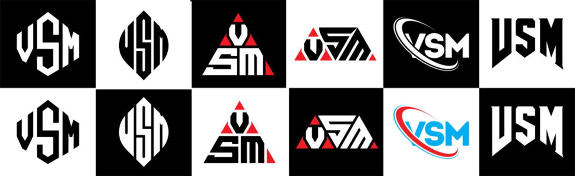 VSM letter logo design in six style. VSM polygon, circle, triangle, hexagon, flat and simple style with black and white color variation letter logo set in one artboard. VSM minimalist and classic logo