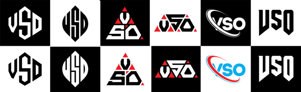VSO letter logo design in six style. VSO polygon, circle, triangle, hexagon, flat and simple style with black and white color variation letter logo set in one artboard. VSO minimalist and classic logo