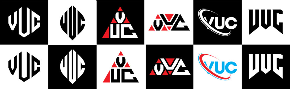 VUC letter logo design in six style. VUC polygon, circle, triangle, hexagon, flat and simple style with black and white color variation letter logo set in one artboard. VUC minimalist and classic logo