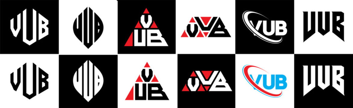 VUB letter logo design in six style. VUB polygon, circle, triangle, hexagon, flat and simple style with black and white color variation letter logo set in one artboard. VUB minimalist and classic logo