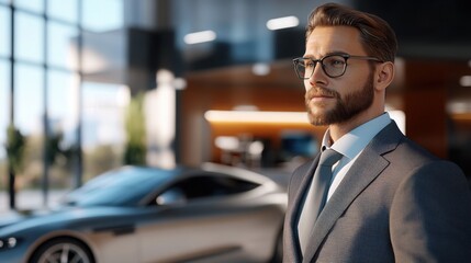 Professional man in a modern car dealership showcasing vehicles with advanced technology