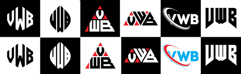 VWB letter logo design in six style. VWB polygon, circle, triangle, hexagon, flat and simple style with black and white color variation letter logo set in one artboard. VWB minimalist and classic logo