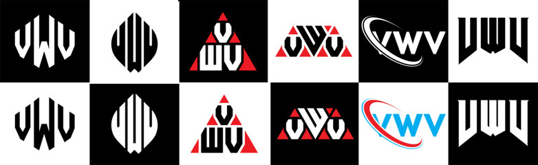 VWV letter logo design in six style. VWV polygon, circle, triangle, hexagon, flat and simple style with black and white color variation letter logo set in one artboard. VWV minimalist and classic logo