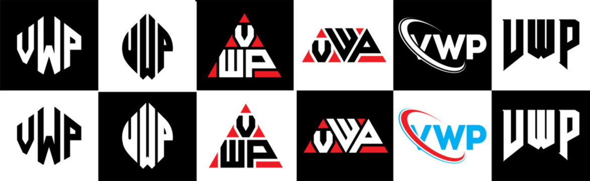 VWP letter logo design in six style. VWP polygon, circle, triangle, hexagon, flat and simple style with black and white color variation letter logo set in one artboard. VWP minimalist and classic logo