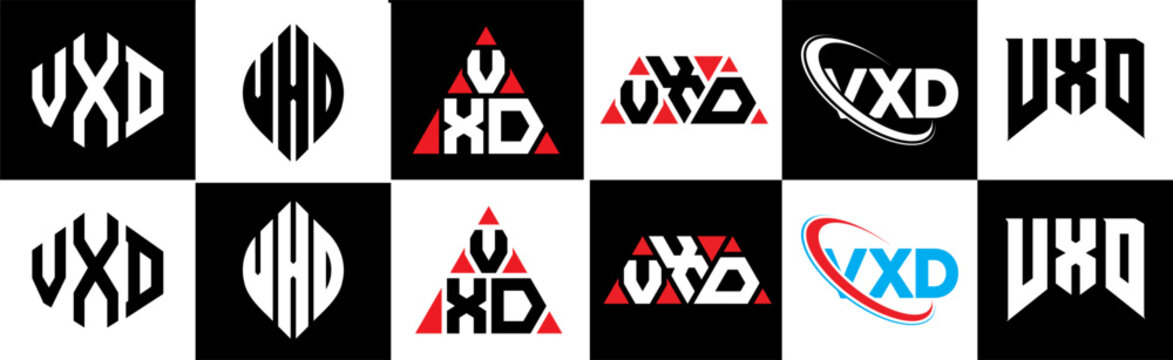 VXD letter logo design in six style. VXD polygon, circle, triangle, hexagon, flat and simple style with black and white color variation letter logo set in one artboard. VXD minimalist and classic logo