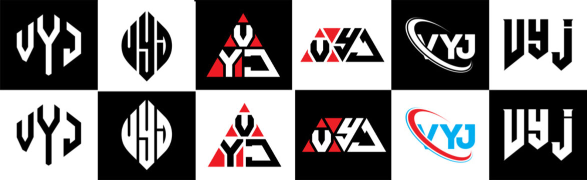 VYJ letter logo design in six style. VYJ polygon, circle, triangle, hexagon, flat and simple style with black and white color variation letter logo set in one artboard. VYJ minimalist and classic logo