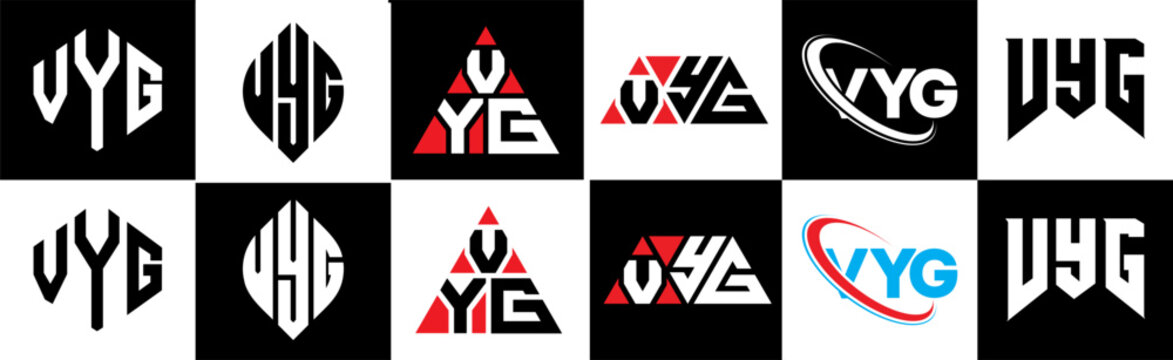 VYF letter logo design in six style. VYF polygon, circle, triangle, hexagon, flat and simple style with black and white color variation letter logo set in one artboard. VYF minimalist and classic logo
