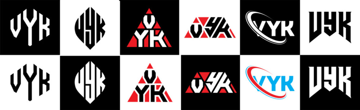 VYK letter logo design in six style. VYK polygon, circle, triangle, hexagon, flat and simple style with black and white color variation letter logo set in one artboard. VYK minimalist and classic logo