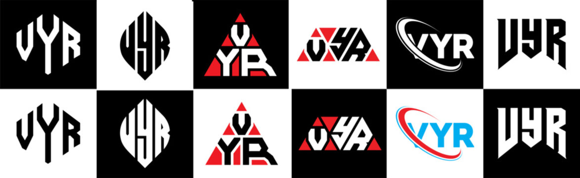 VYR letter logo design in six style. VYR polygon, circle, triangle, hexagon, flat and simple style with black and white color variation letter logo set in one artboard. VYR minimalist and classic logo