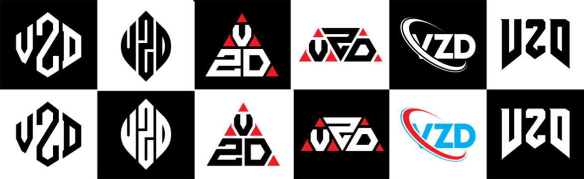 VZD letter logo design in six style. VZD polygon, circle, triangle, hexagon, flat and simple style with black and white color variation letter logo set in one artboard. VZD minimalist and classic logo