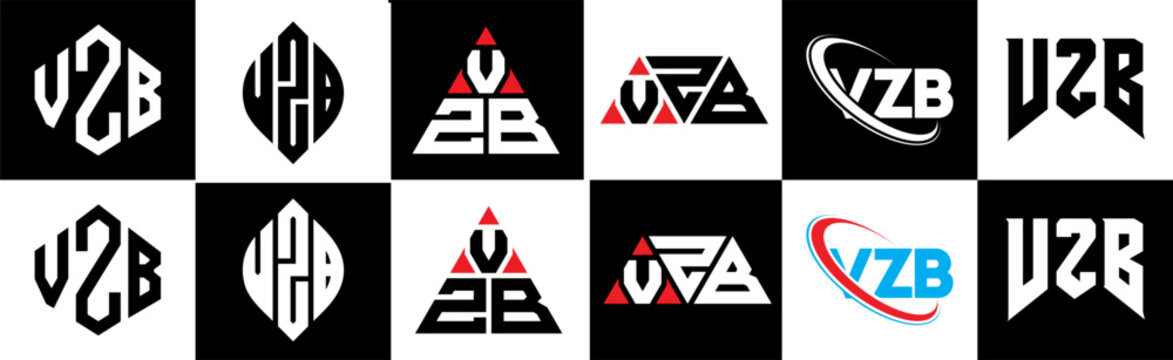 VZB letter logo design in six style. VZB polygon, circle, triangle, hexagon, flat and simple style with black and white color variation letter logo set in one artboard. VZB minimalist and classic logo