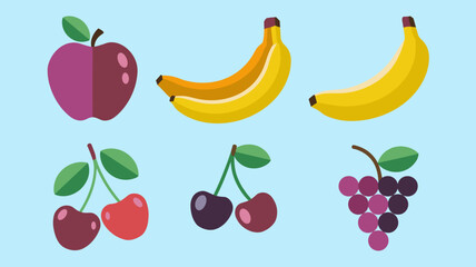 Fototapeta premium Vector Icon Set of Colorful Fruits: Apple, Banana, Cherry, and Grape Illustrations for Fresh Food, Nutrition, and Healthy Lifestyle Designs