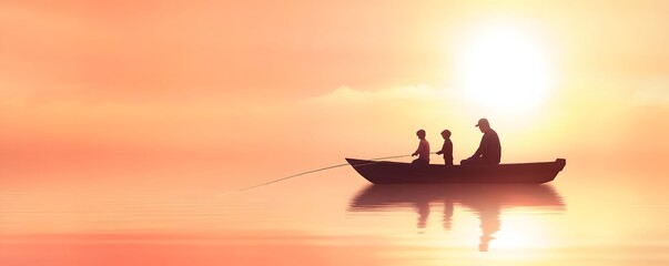 A family fishing together from a boat at sunset