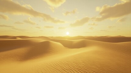 Golden desert sunset over sandy dunes. Warm yellow sky with scattered clouds, bright sun and arid landscape, vast open terrain with dry and remote sandy expanse.  Wilderness horizon