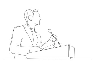 Continuous one line art of Public speaker giving a talk at conference hall. Business conference, business meeting. Man at rostrum in front of audience.
