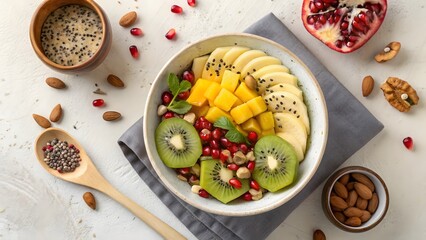 An overhead view of a bowl of exotic fruit salad with vibrant colors, perfect for healthy and fresh food themes