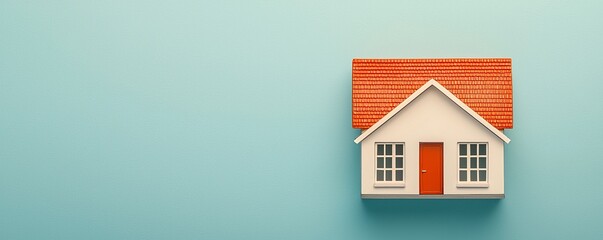 A small model house with a red roof and door set against a light blue background, symbolizing home and real estate concepts.