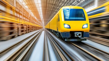 Naklejka premium High speed yellow train speeding through a modern train depot, motion blur effect, bright lighting.