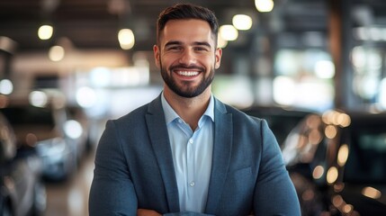 Sales professional at a bustling car dealership showcasing customer service expertise