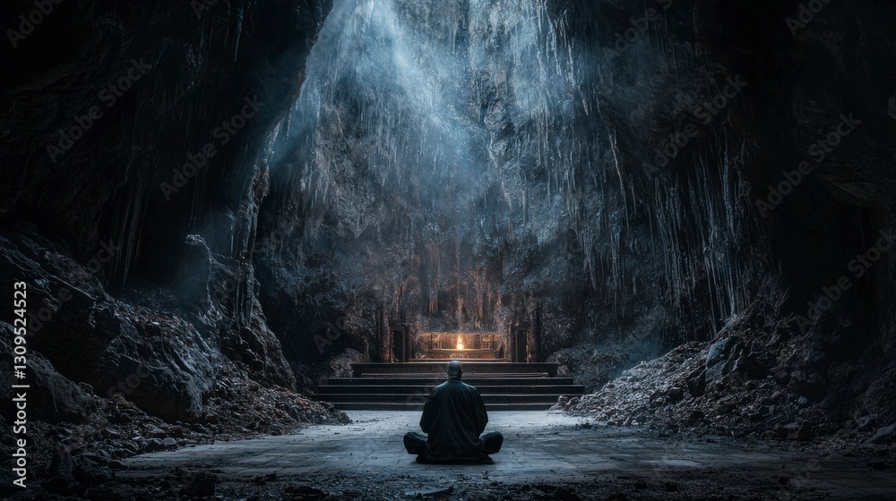 Poster meditation in a forgotten mountain temple serene cavern mystical atmosphere tranquil setting