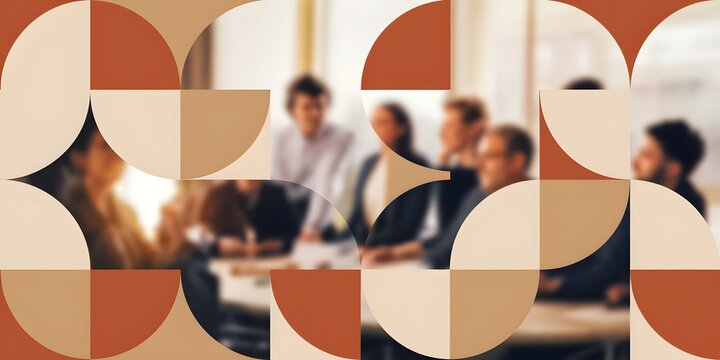 A diverse team collaborates in a modern office setting, engaging in discussions and problem-solving. Abstract geometric shapes overlay the image, adding a contemporary touch.