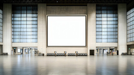 Modern Interior Hall with Glass Windows and Blank Display Screen in Bright Lighting