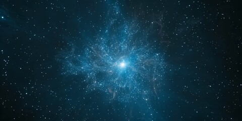 Blue galaxy core with radiant star cluster in dark cosmos. Spiral nebula with glowing center and scattered stars. Vast interstellar space with celestial light for astronomy studies and cosmic imagery.