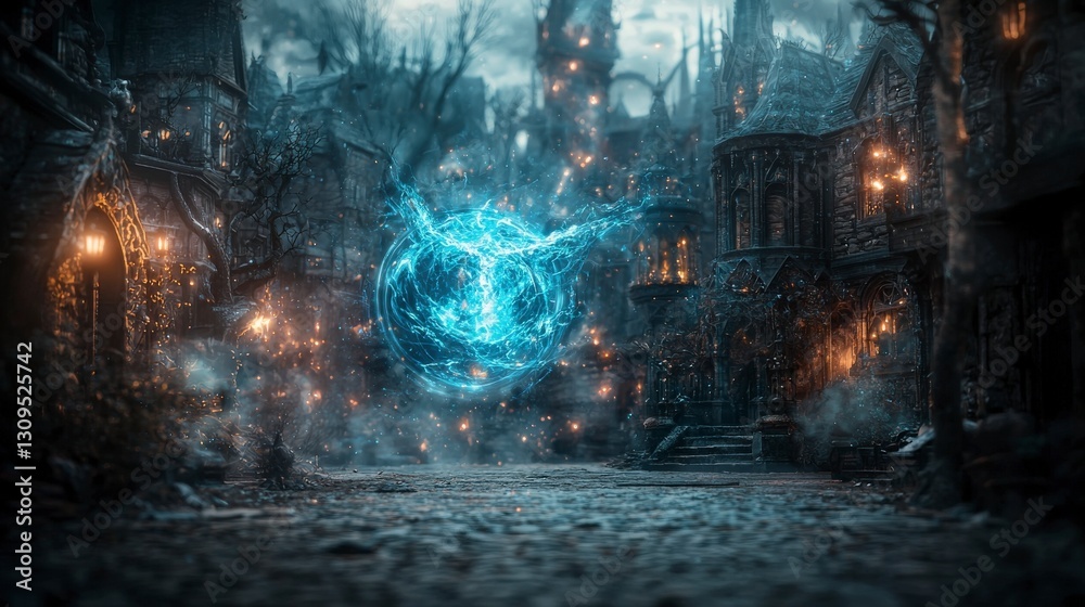 Poster enchanting magic sphere illuminates a mystical metropolis at dusk fantasy art ethereal environment w