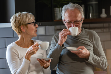 A happy senior couple enjoys a morning coffee together in their cozy kitchen, sharing a warm conversation and cherishing the present moments with love and affection.