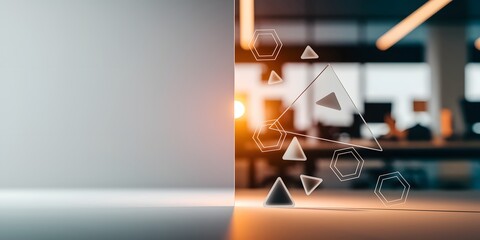Abstract geometric shapes float over a blurred modern office background, with a plain grey area for text or graphics. Ideal for tech or business concepts.