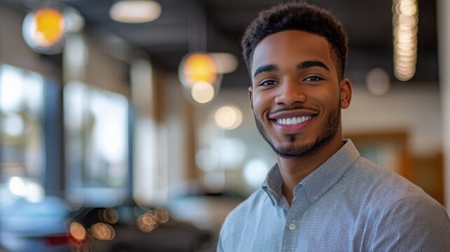 Salesperson engages with customers at a modern car dealership showcasing automotive expertise