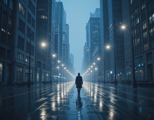 Man walking alone on a wet street in a city at night
