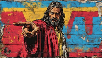 Jesus Christ mural on grunge wall.