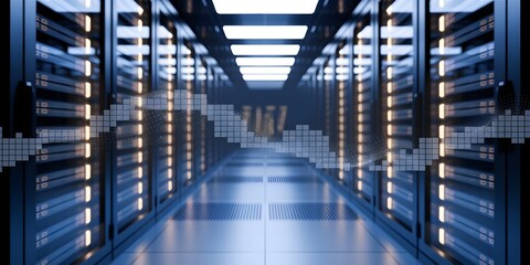 Server room with rows of network servers, illuminated by blue light, and a digital overlay of a pixelated wave graphic, symbolizing data flow and processing.