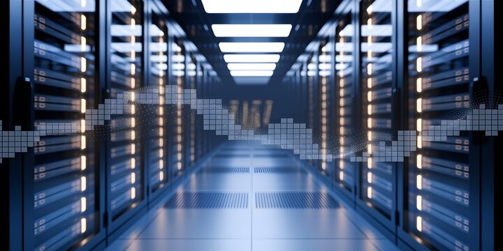 Server room with rows of network servers, illuminated by blue light, and a digital overlay of a pixelated wave graphic, symbolizing data flow and processing.
