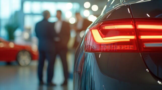 Car dealership showcasing modern vehicles with professionals discussing in the background