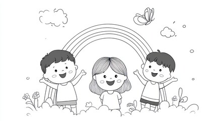 Kids under rainbow, happy, friendship, illustration