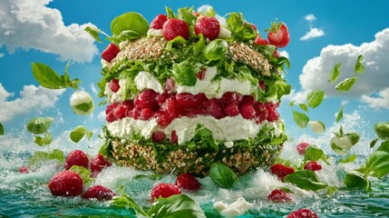 Layered dessert with raspberries, cream cheese, and basil, suspended in mid air above water, with a vibrant blue sky and clouds in the background. Fresh and delicious.