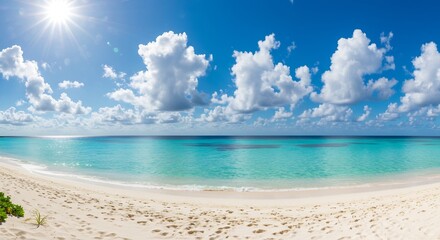 Fototapeta premium Bright sun illuminates serene turquoise beach. AI Generated